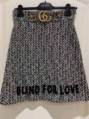 🚩steal Gucci Black & White Tweed A-Line Skirt with Gold GG Belt